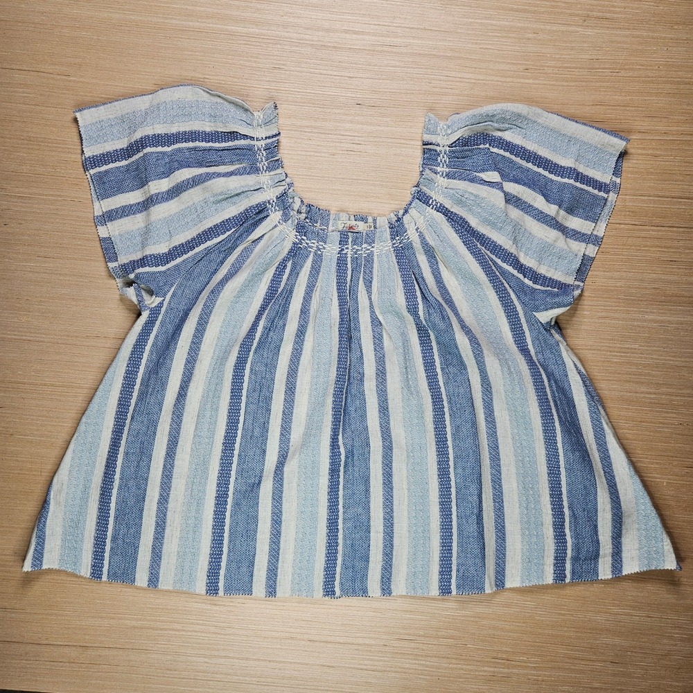 Boho Faherty Striped Peasant Blouse Women S Blue Organic Cotton WTS2316-NLS - Picture 2 of 12